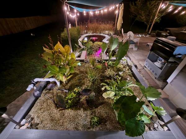 Bistro string lights over a backyard patio with a lit planter and outdoor kitchen at night