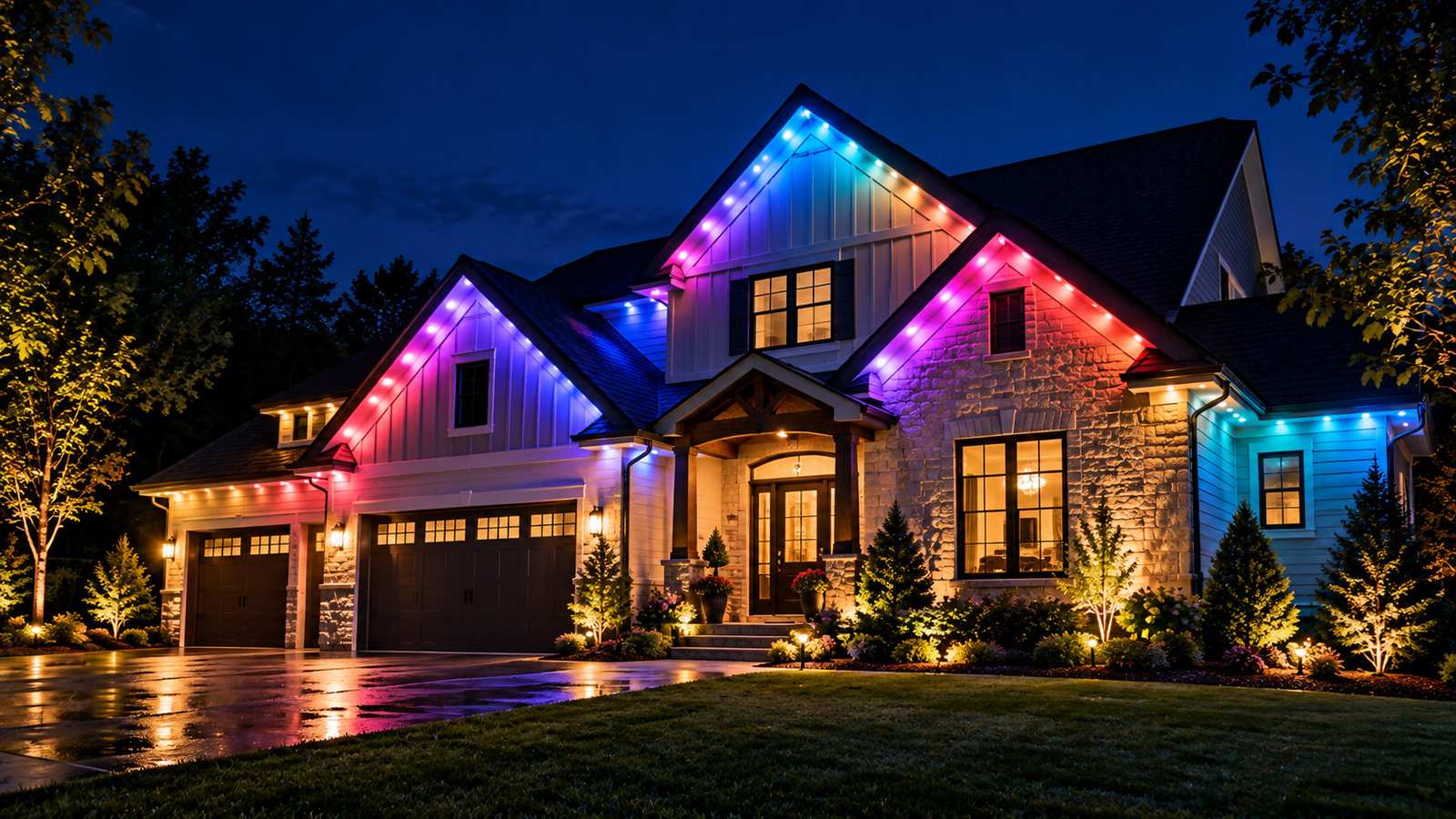 Home at night with rainbow permanent trim lights along the rooflines and gables