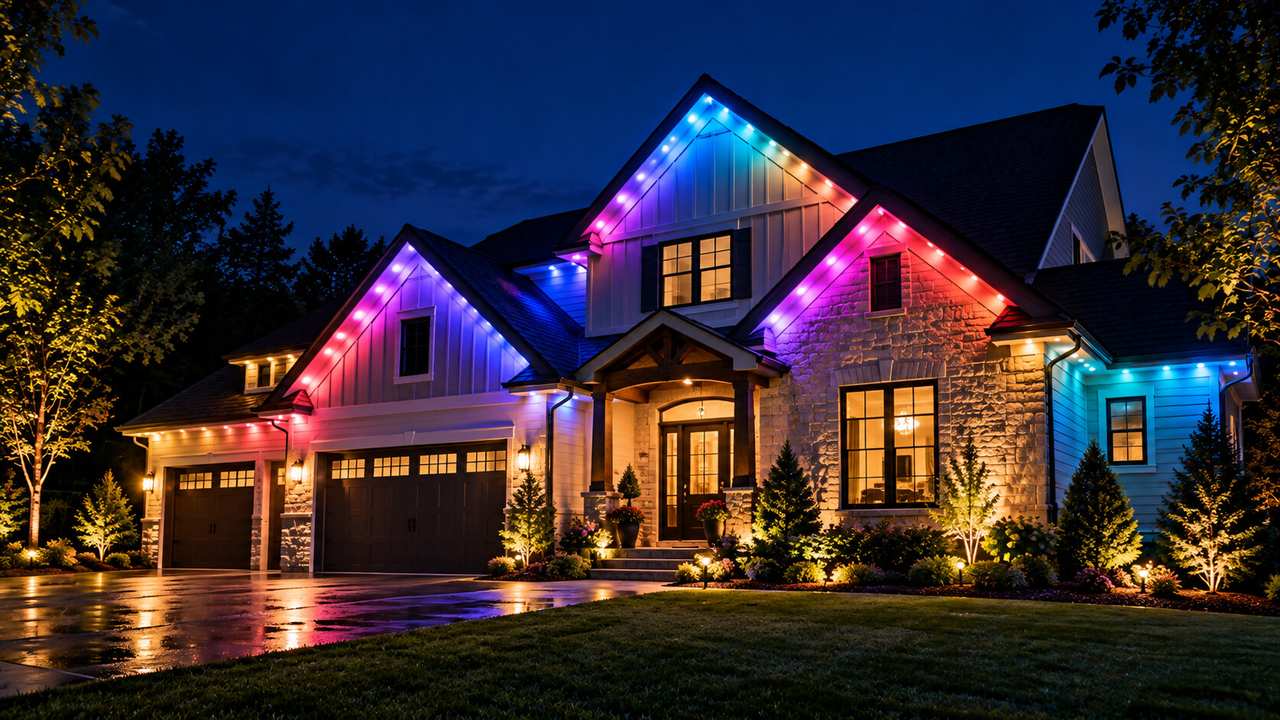 Home at night with rainbow permanent trim lights along the rooflines and gables