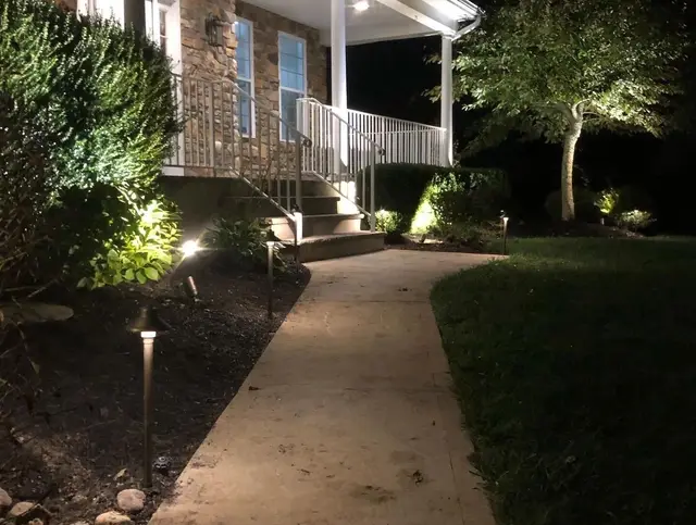 Curved front walkway with path lights, uplit tree and lit porch at night